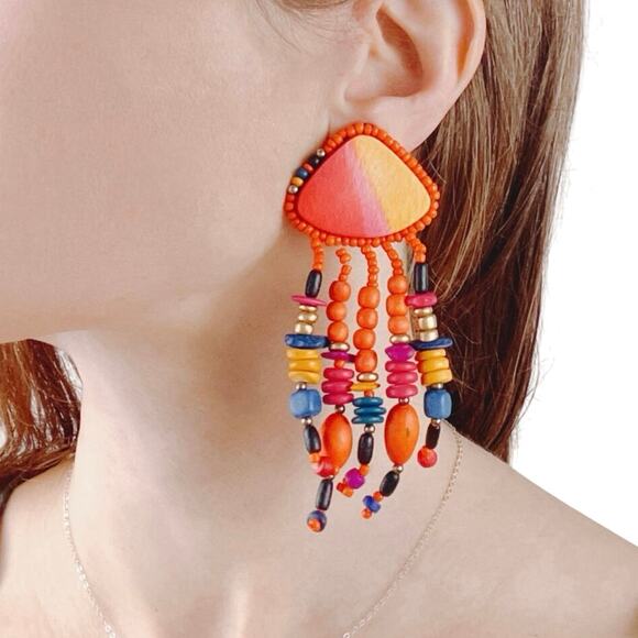 VTG Earrings Painted Wood Bead Boho Clip On Boho Tropical Chunky Eclectic 80s - Picture 3 of 12